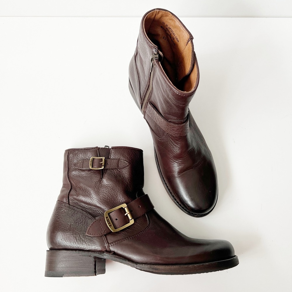 Frye Engineer Ankle Boots 10 Women Dark Brown Leather Buckle Moto Biker Zip